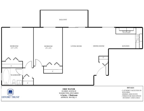 Floor plan for 2 beds, 1 bath